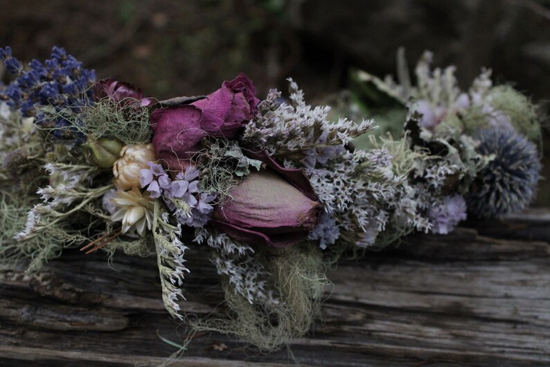 custom bridal crown, lavender crown, mauve flower crown, thistle crown, lavender and blue bridal crown, elopement crown, woodland crown, eco image 3