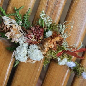 custom boutonniere, chanterelle boutonniere, mushroom boutonniere, dried orange flower boutonniere, autumn boutonniere, pearly everlasting image 3