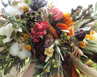 dried flower bouquet, dried bridal bouquet, orange bouquet, rust bridal bouquet, halloween bouquet, autumn bouquet, turkey feather bouquet