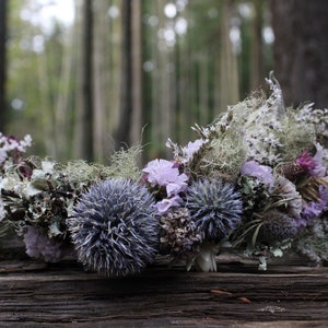 custom bridal crown, lavender crown, mauve flower crown, thistle crown, lavender and blue bridal crown, elopement crown, woodland crown, eco image 4