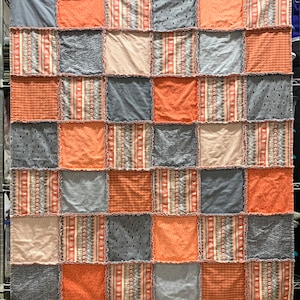 Muted orange and gray Halloween rag quilt 54x62 inch. Free shipping