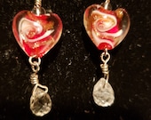 Heart Shaped Glass Pendant drop Earrings with Cut Crystal Tear Drop