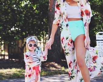 Mommy and Me Kimono Set (white chiffon with colorful florals)