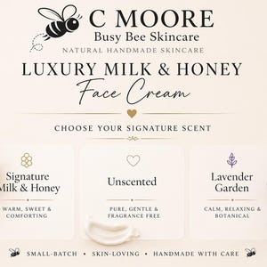 Puede incluir: Anuncio de C Moore Busy Bee Skincare con Luxury Milk & Honey Face Cream. La imagen incluye un panal, crema y lavanda. El texto dice "Elige tu aroma caracter&iacute;stico" con opciones: Milk & Honey, Sin perfume y Jard&iacute;n de Lavanda.
