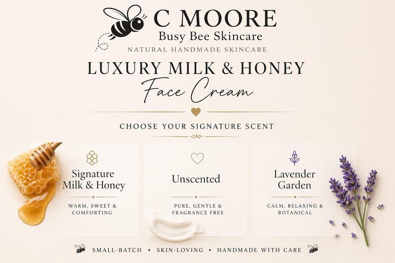 Puede incluir: Anuncio de C Moore Busy Bee Skincare con Luxury Milk & Honey Face Cream. La imagen incluye un panal, crema y lavanda. El texto dice "Elige tu aroma caracter&iacute;stico" con opciones: Milk & Honey, Sin perfume y Jard&iacute;n de Lavanda.