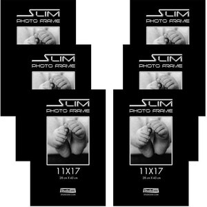 May include: Set of six black slim photo frames with a white border and the text "SLIM PHOTO FRAME" printed on the front. Each frame is 11x17 inches (28 cm x 43 cm) and features a picture of a baby's feet.
