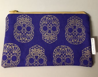 Tête de mort or bleu Royal géométrique crayon cas / Make Up Bag