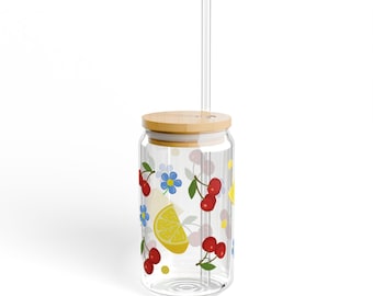Vaso para beber con sabor a cereza y limón, 16 oz, con tapa y pajita, alegre y vibrante.