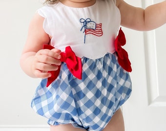 American Flag Bow Bubble - Smocked Summer Baby Outfit - Fourth of July Outfit - Smocked Girl Bubble - Fourth of July Smocked Bubble