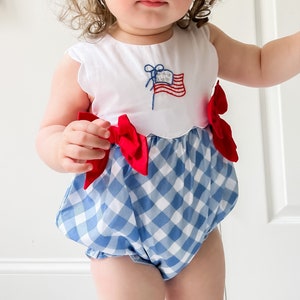 American Flag Bow Bubble - Smocked Summer Baby Outfit - Fourth of July Outfit - Smocked Girl Bubble - Fourth of July Smocked Bubble