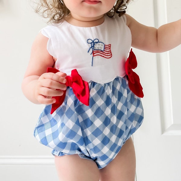 American Flag Bow Bubble - Smocked Summer Baby Outfit - Fourth of July Outfit - Smocked Girl Bubble - Fourth of July Smocked Bubble