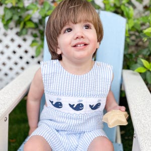 Navy Whale Smocked Boys Blue Seersucker Shortall