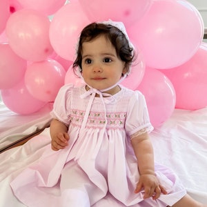 Smocked Baby Dress with Bonnet, Pink Floral Embroidered Heirloom Gown, Baptism or First Birthday Outfit for Baby Girl