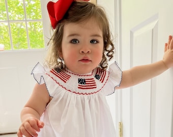 American Flag Scalloped Dress - Smocked Patritoic Dress - Fourth of July Dress - Smocked Girl Summer Dress - Fourth of July Baby Outfit