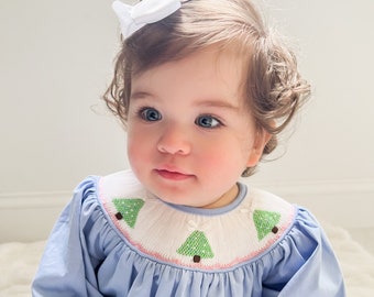 The Callie Light Blue Christmas Tree Smocked Bishop Dress - Smocked Clothing - Girl Outfit for Christmas - Smocked Holiday Dress - Holiday