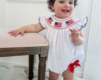 Ellie Fourth of July Smocked Bubble with Bows