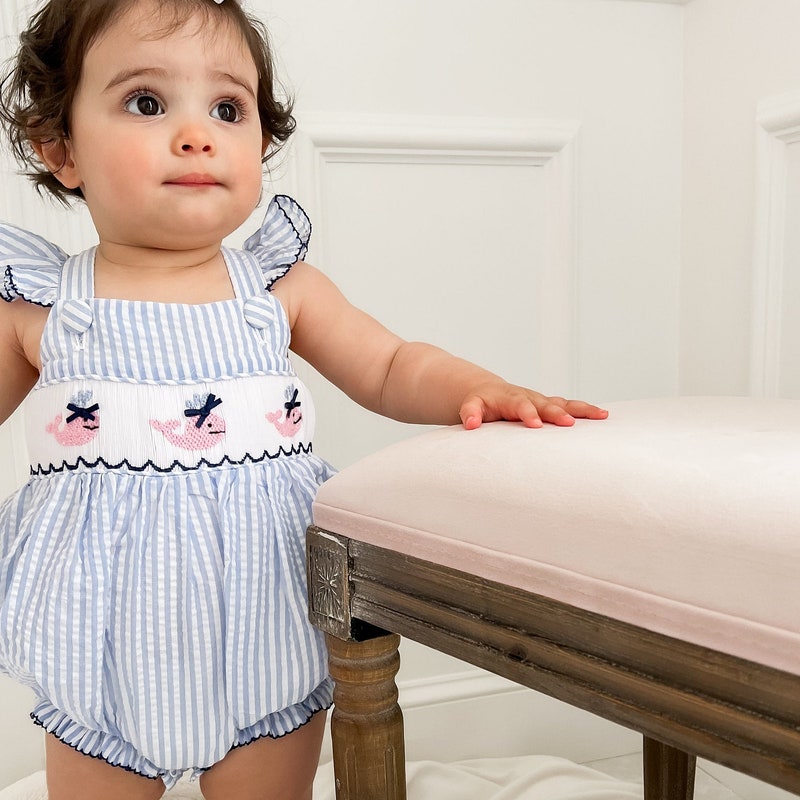 Smocked Butterfly Lavender and Pink Seersucker Bubble main image 0