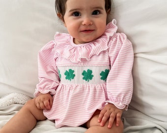 Maude Pink Four Leaf Clover Smocked Bubble