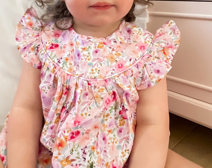 Baby Girl Mia Blue Floral Pima Hand Smocked Bishop Bubble