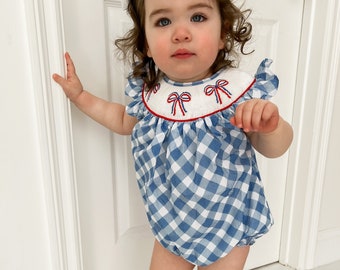 Patriotic Ribbon Bubble - Patriotic Bow Bubble - Smocked Gingham Baby Outfit - Fourth of July Girl Bubble - Smocked Girl Bubble