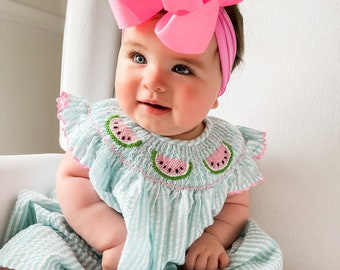 Green Seersucker Smocked Watermelon Dress