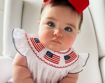 Ellie Fourth of July Smocked Bubble  - Fourth of July Smocked Bubble - American Flag Smocked Bubble - Smocked Summer Baby Outfit