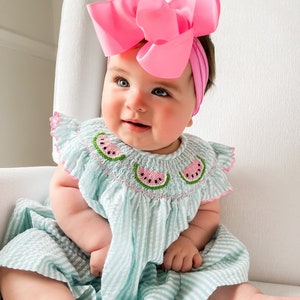 The Lanie Dress - Watermelon Smocked Baby Girl Dress - Seersucker Smocked Bishop Dress - Green Seersucker Dress - Summer Baby Girl Outfit -