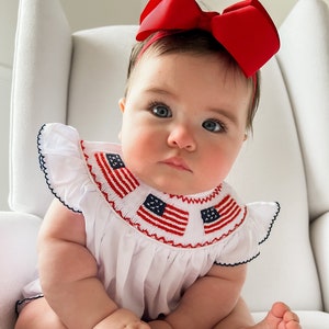 Ellie Fourth of July Smocked Bubble  - Fourth of July Smocked Bubble - American Flag Smocked Bubble - Smocked Summer Baby Outfit
