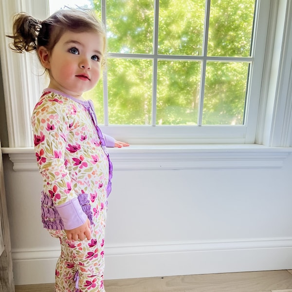 Ava Ruffle Pajamas-Bamboo Zippered Footie-Baby Romper-Bamboo Sleeper-Floral Pajama-Onesie With Flowers-Toddler Zipup Pajamas-Infant Clothing