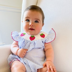 Clara Strawberry Seersucker Bubble  - Blue Smocked Baby Bubble - Smocked Bubble - Seersucker Smocked Outfit - Girl Summer Outift