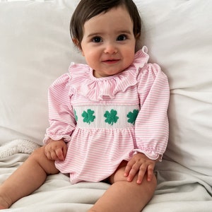 Maude Pink Four Leaf Clover Smocked Bubble