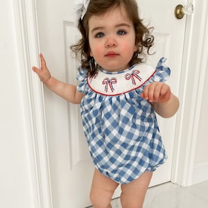 Patriotic Ribbon Bubble - Patriotic Bow Bubble - Smocked Gingham Baby Outfit - Fourth of July Girl Bubble - Smocked Girl Bubble