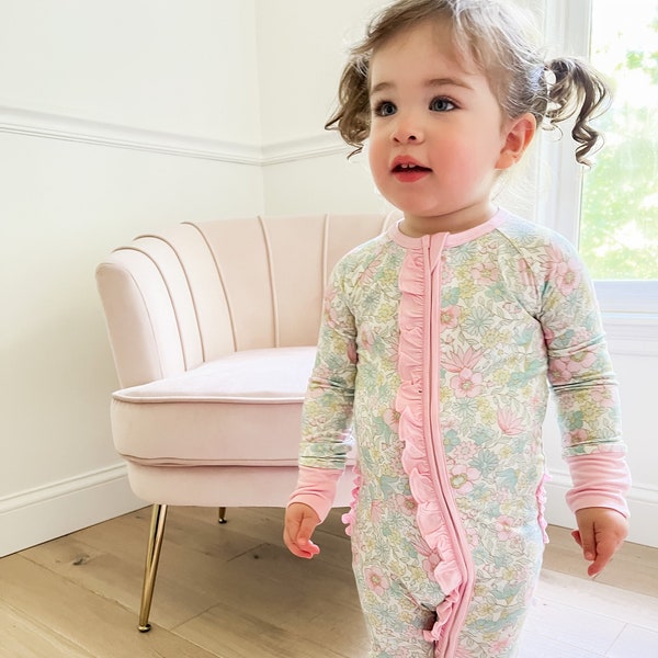 Lena Ruffle Pajamas-Floral Pajamas-Girl Onesie-Bamboo Zip up-Gift for baby-Toddler Romper-Baby PJs-Pajama Kids-Baby Clothing-Kid PJs-PJs