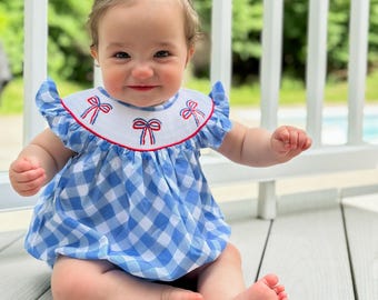 Smocked Baby Bubble Romper, Blue Gingham Patriotic Outfit, Red White Blue Bow Baby Girl Fourth of July Summer Outfit