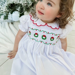 Elsie Evergreen Wreath Smocked Dress - Smocked Dress for Christmas - Elegant Baby Dress