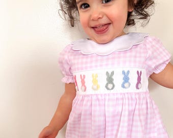 Emilie Easter Bunny Pink Gingham Smocked Bubble