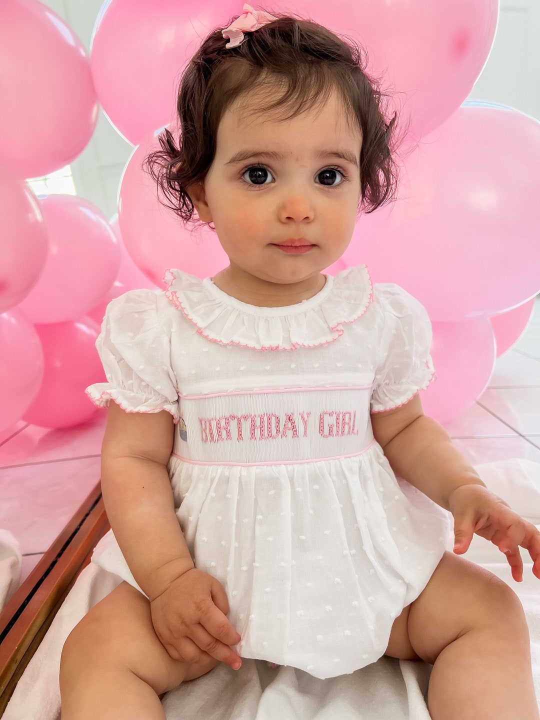 birthday girl smocked dress Smocked Birthday Girl Bubble for Baby Girl, Pink Embroidered Romper, White Ruffle Toddler Party Outfit, Boutique Cake Smash Look