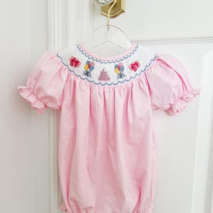 Smocked Birthday Bubble for Baby Girl, Pink Cake and Balloon Romper, First Birthday Outfit, Toddler Party Photo Outfit