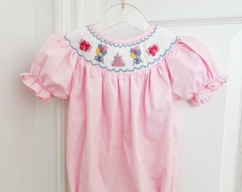 Smocked Birthday Bubble for Baby Girl, Pink Cake and Balloon Romper, First Birthday Outfit, Toddler Party Photo Outfit