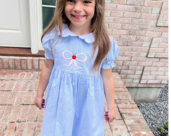 Autumn Blue Apple Bow Dress-School Outfit-Back to School Dress-School Dress-Kid Outfits-Kids Clothing-Outfits for Kids