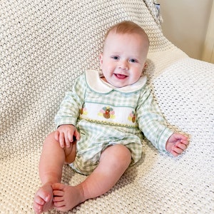 PRE-ORDER Green Gingham Turkey Smocked Boy Bubble