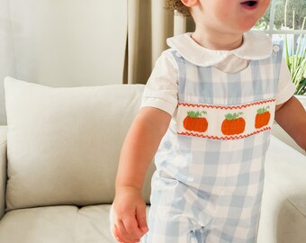 Peter Pumpkin Longall - Blue Gingham Check Outfit for Boy - Pumpkin Outfit for Boys - Little Boy Pumpkin Longall - Thanksgiving Boy Longall