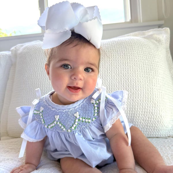 Roses & Bows Smocked Bubble in Blue