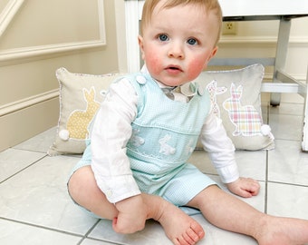 Mint Gingham Boy Bunny Shortall - Shipping Mid March