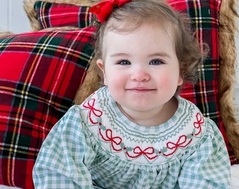 Blakely Red Bow Christmas Smocked Bishop Dress - Smocked Christmas Dress - Christmas Dress for Girls - Smocked Holiday Baby Outfit