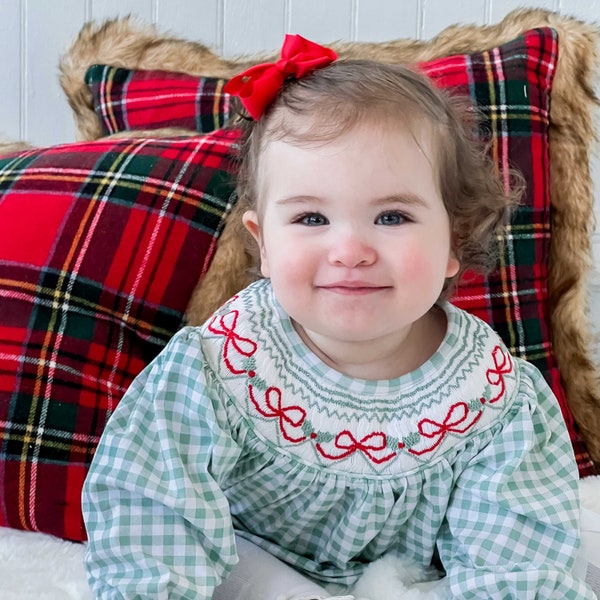 Blakely Red Bow Christmas Smocked Bishop Dress - Smocked Christmas Dress - Christmas Dress for Girls - Smocked Holiday Baby Outfit