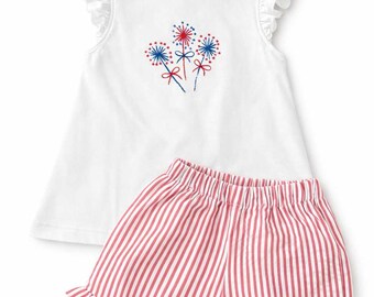 Patriotic Toddler Girl Short Set, 4th of July Outfit, Fireworks Flutter Sleeve Top, Red Stripe Ruffle Shorts