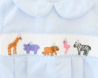 Smocked Boy Bubble Romper, Baby Safari First Birthday Outfit, Light Blue Zoo Animals, Peter Pan Collar Party Clothes