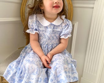 Blue Easter Bunny Toile Smocked Dress