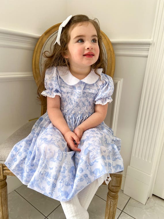 blue easter dress Bunny Toile Smocked Style:Square Toe length sleeves offer a Black Chiffon Mini Party Baptism dress Color:Bright White